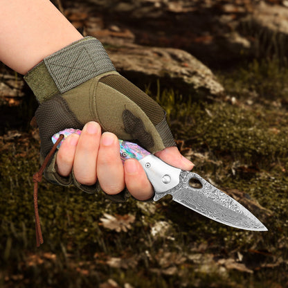 Damascus Steel Folding Knife with Abalone Shell Resin Handle