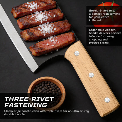 Commercial-Grade 18.5cm Dual-Purpose Cleaver with Wooden Handle – Ultra-Sharp, Heavy-Duty Stainless Steel for Slicing Meat and Chopping Bone