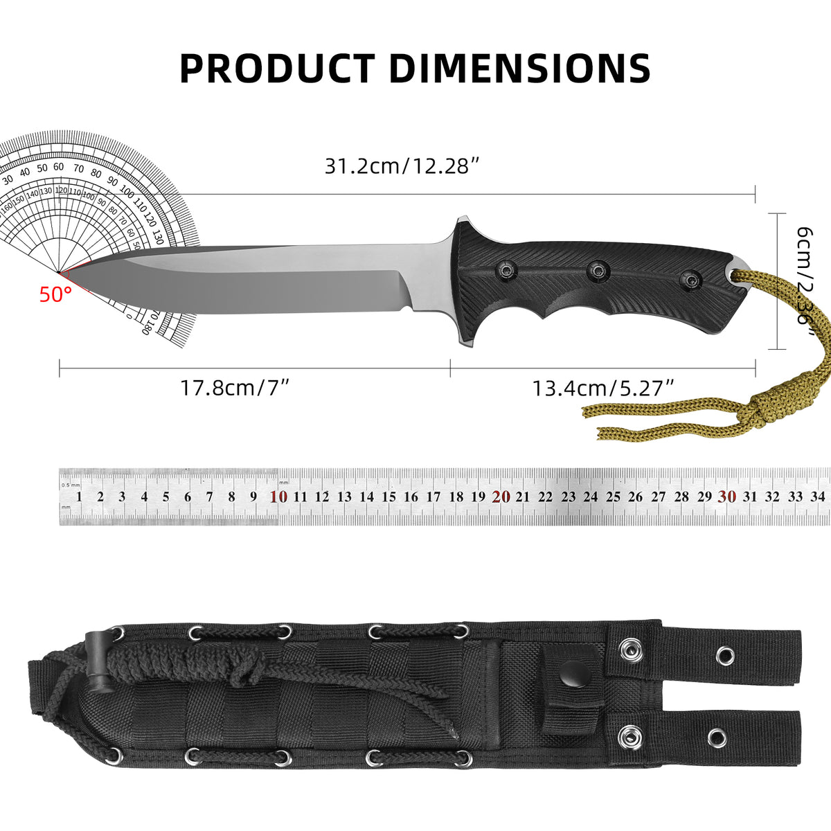 Professional outdoor knife for camping, hunting, and self-defense; features a stainless steel blade, nylon-fiberglass handle, and nylon sheath system.