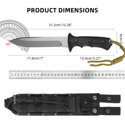 Professional outdoor knife for camping, hunting, and self-defense; features a stainless steel blade, nylon-fiberglass handle, and nylon sheath system.