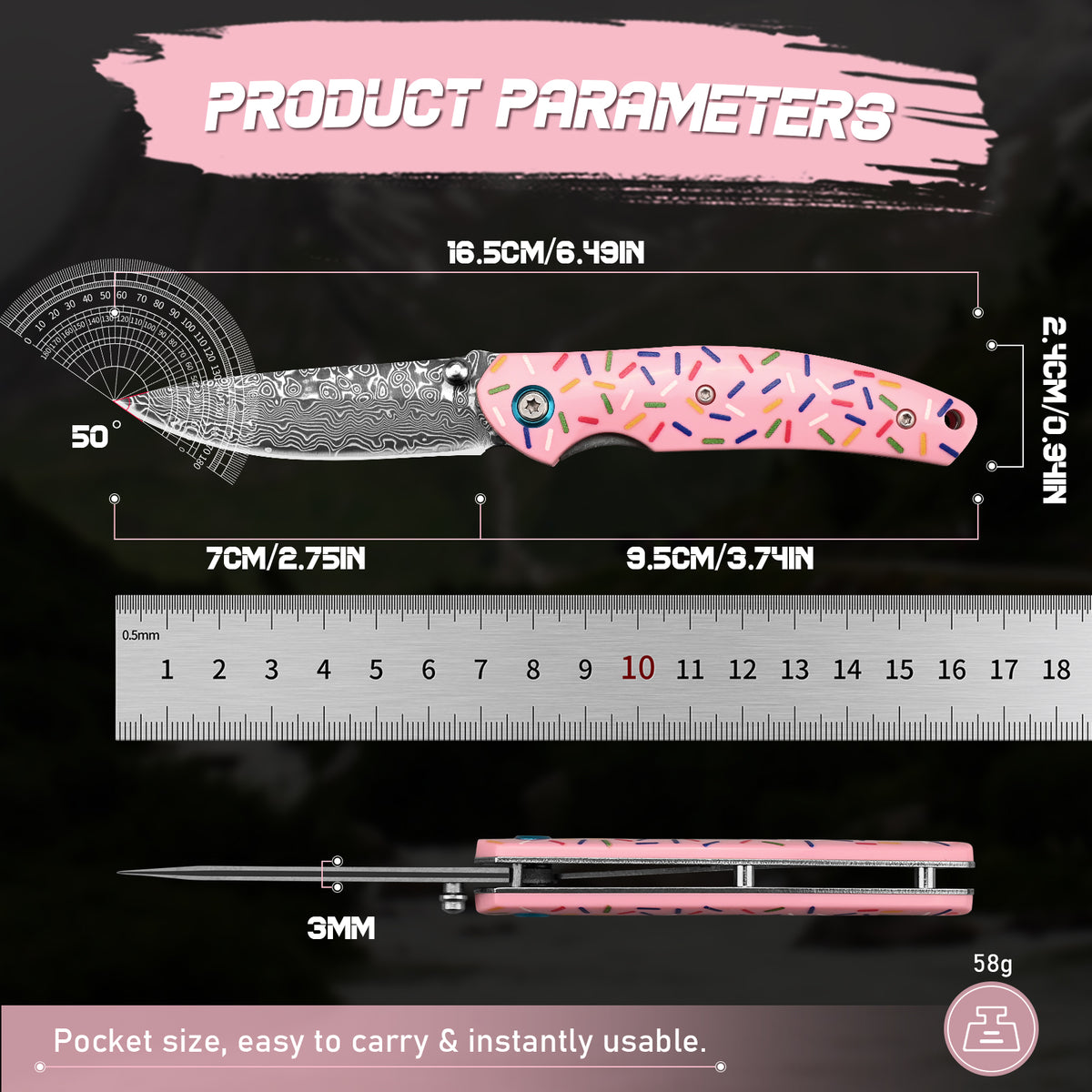 EDC Damascus steel camping and hunting folding knife, cute donut pattern resin handle, OEM customization available, women's version.
