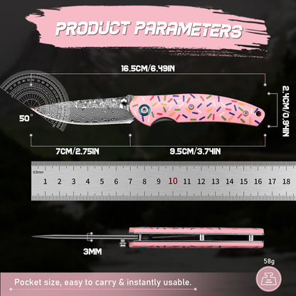 EDC Damascus steel camping and hunting folding knife, cute donut pattern resin handle, OEM customization available, women's version.
