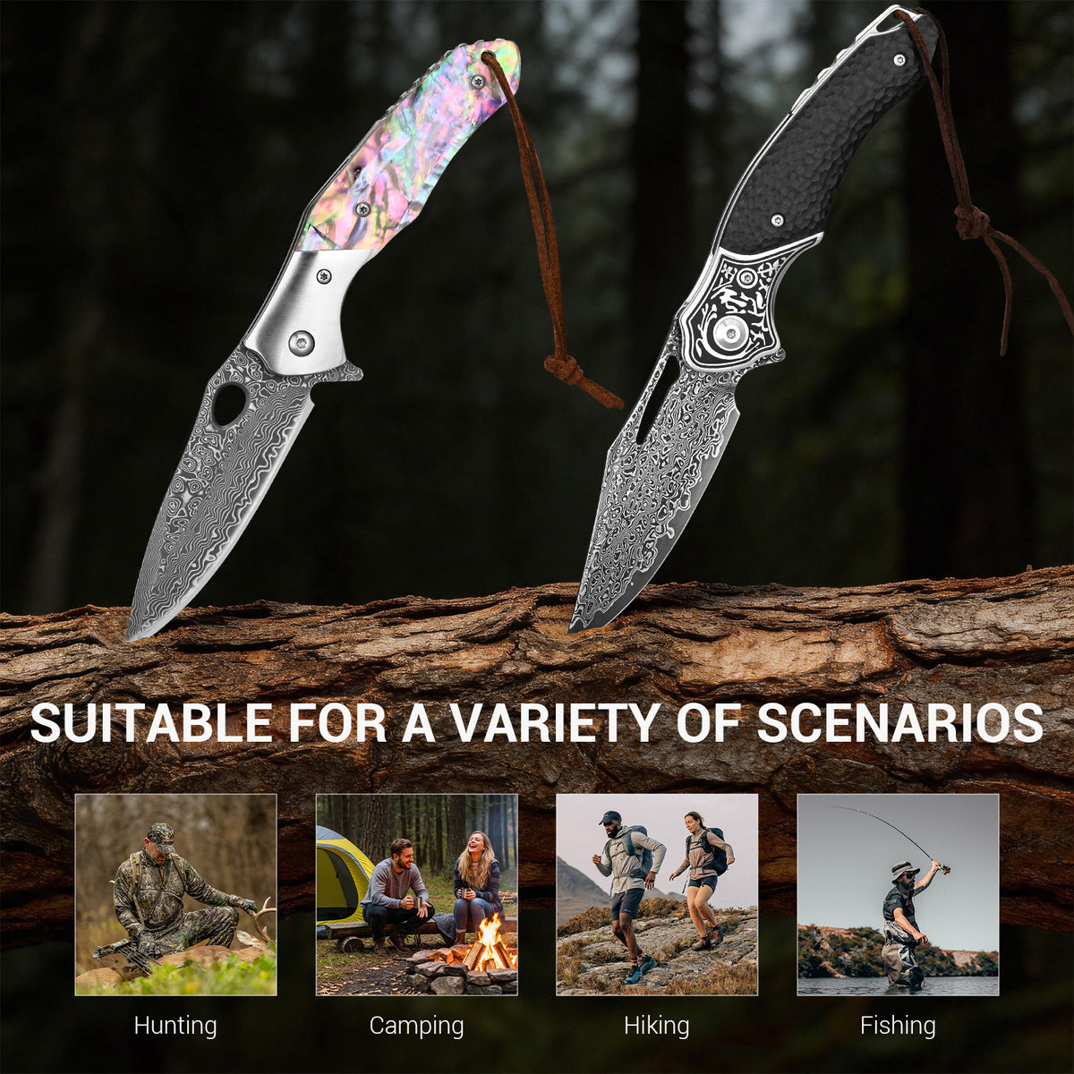 Hand-forged high-carbon VG10 Damascus steel folding knife with wooden handle and leather sheath.