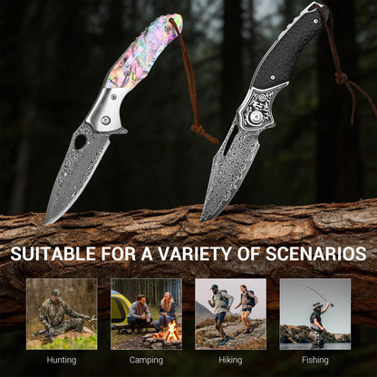 Hand-forged high-carbon VG10 Damascus steel folding knife with wooden handle and leather sheath.
