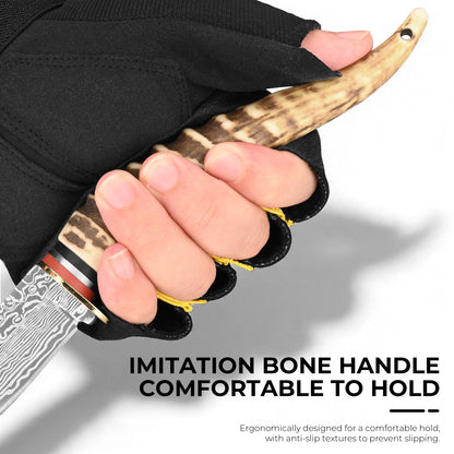 Straight-blade meat knife with Damascus/feather pattern; sharp, portable, and suitable for camping, survival, hiking, and self-defense.