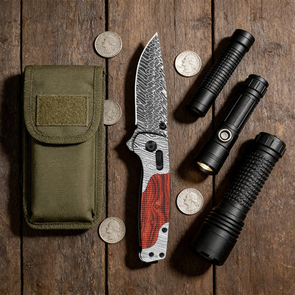 Damascus Steel Folding Pocket Knife | Axis Lock Wood Handle EDC Outdoor Knife