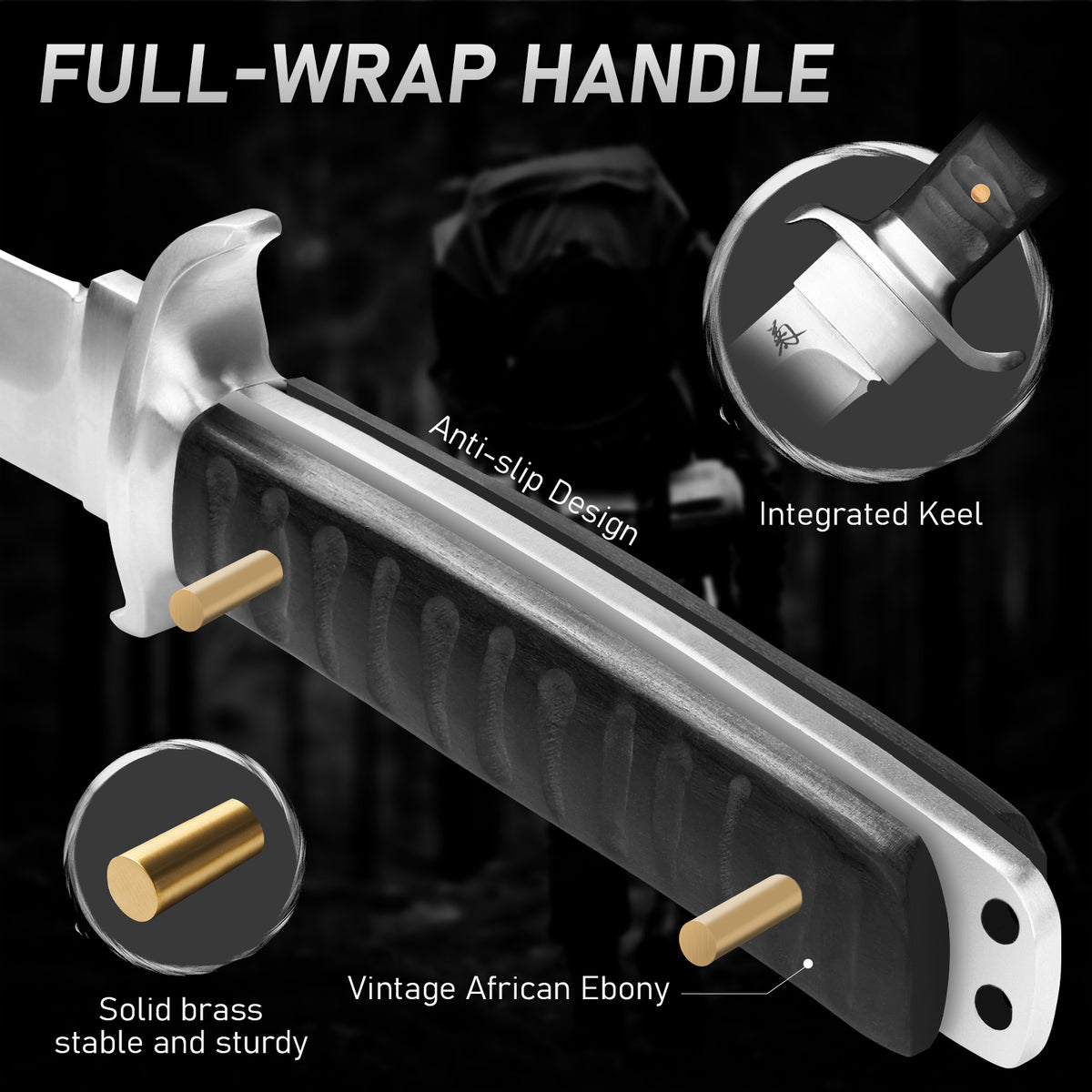Fixed-blade camping knife with ebony handle and stainless steel—a versatile tool for outdoor survival, hunting, and hiking; easy to carry.