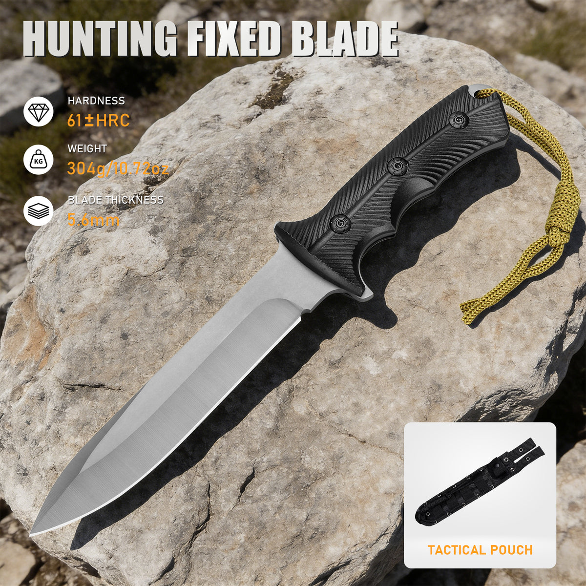 Professional outdoor knife for camping, hunting, and self-defense; features a stainless steel blade, nylon-fiberglass handle, and nylon sheath system.