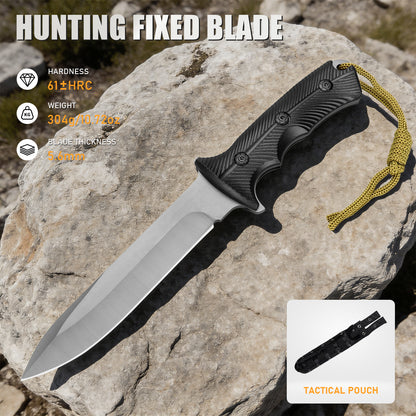 Professional outdoor knife for camping, hunting, and self-defense; features a stainless steel blade, nylon-fiberglass handle, and nylon sheath system.
