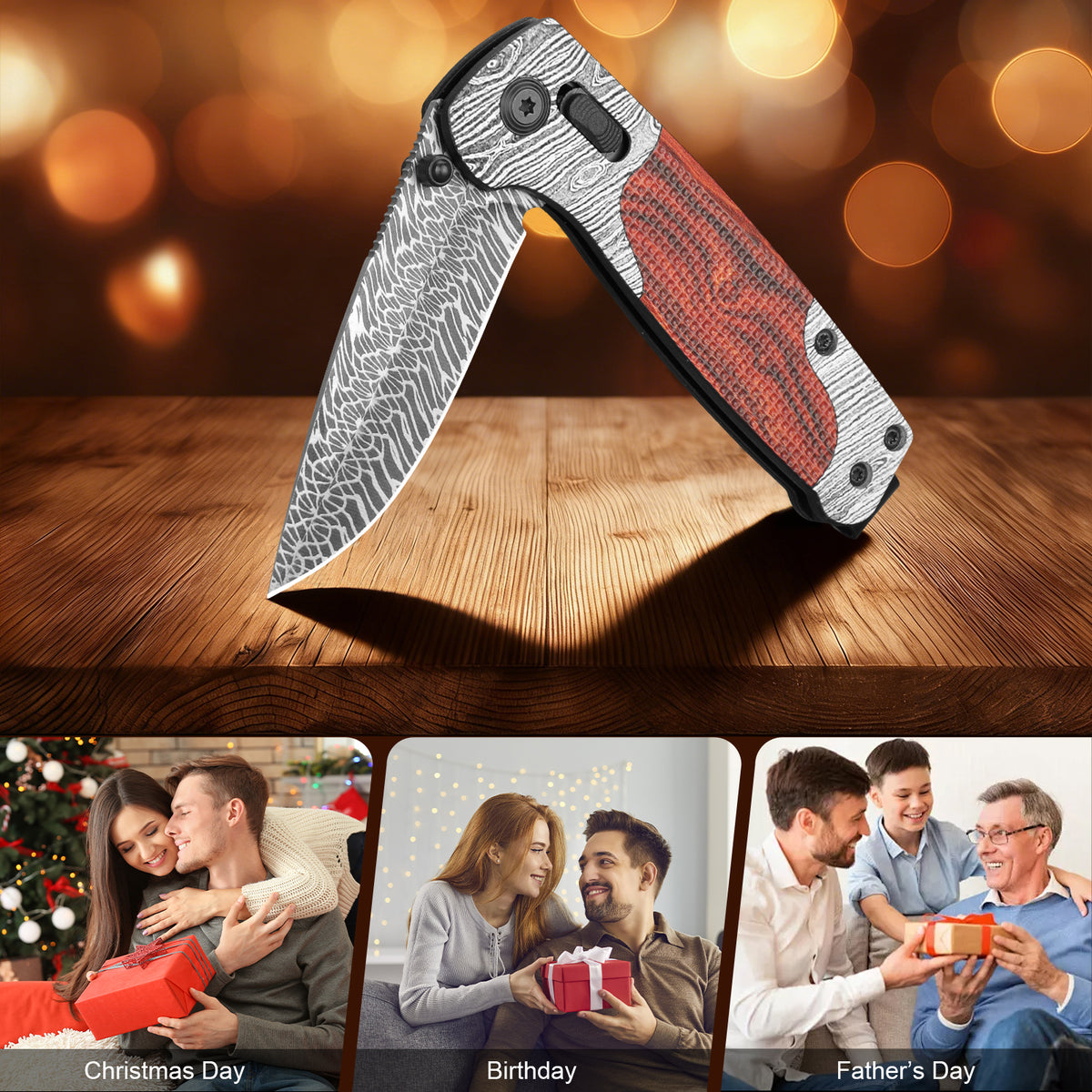 Damascus Steel Folding Pocket Knife | Axis Lock Wood Handle EDC Outdoor Knife