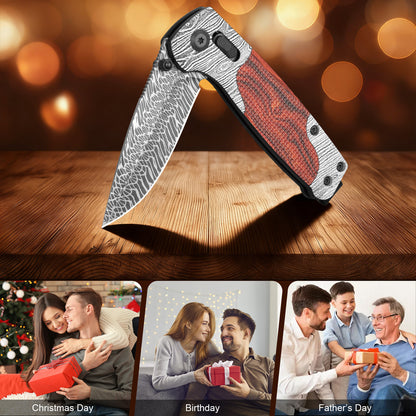 Damascus Steel Folding Pocket Knife | Axis Lock Wood Handle EDC Outdoor Knife