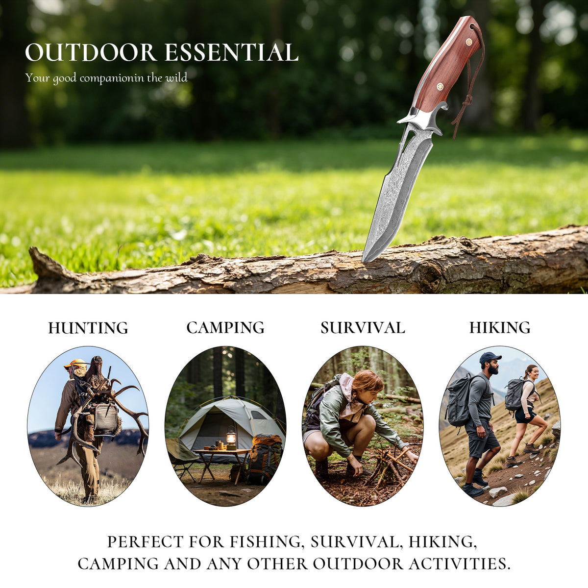 Handcrafted high-quality Damascus steel outdoor survival and hunting knife with a cutout design and wooden handle; customizable; includes sheath.