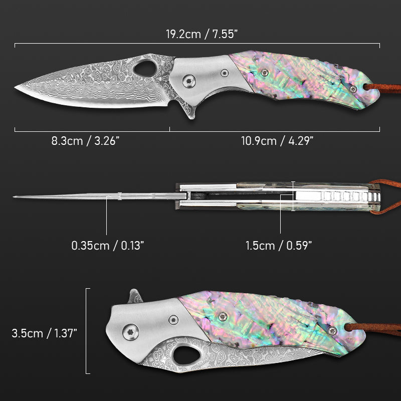 Damascus Steel Folding Knife with Abalone Shell Resin Handle