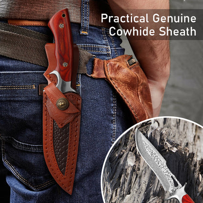 Premium Fixed-Blade Tactical Hunting Knife with Guard and Full-Tang Construction – Sharp Damascus Steel Bowie Knife for Camping – Presented in an EVA Gift Box