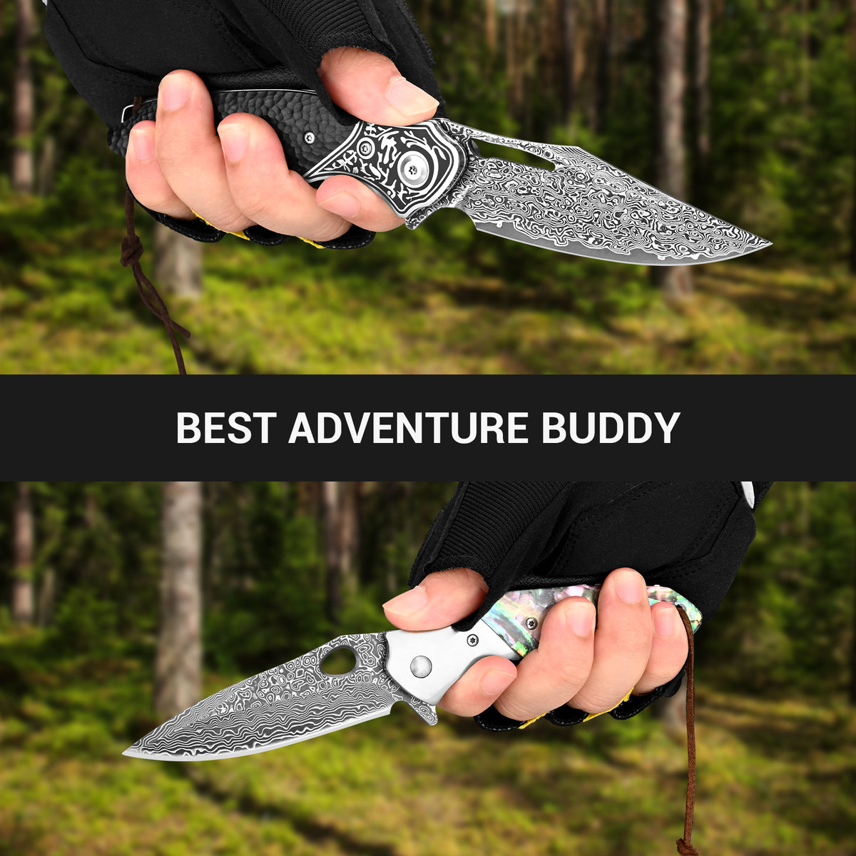 Hand-forged high-carbon VG10 Damascus steel folding knife with wooden handle and leather sheath.