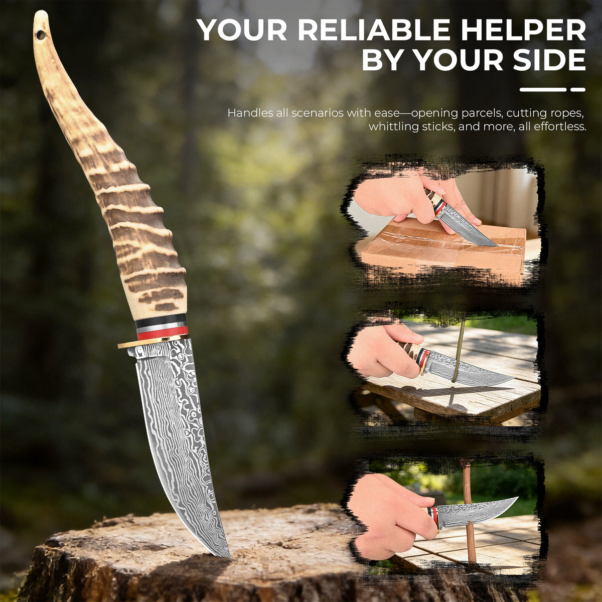 Straight-blade meat knife with Damascus/feather pattern; sharp, portable, and suitable for camping, survival, hiking, and self-defense.