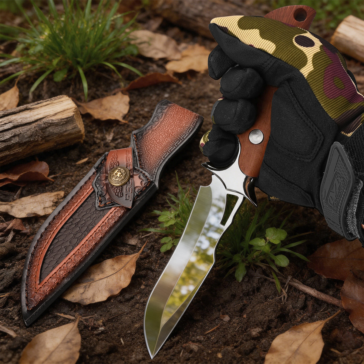 4Cr13MoV Fixed-Blade Knife with Polished Finish, Wooden Handle, and Leather Sheath – EDC Bushcraft Knife Now Available