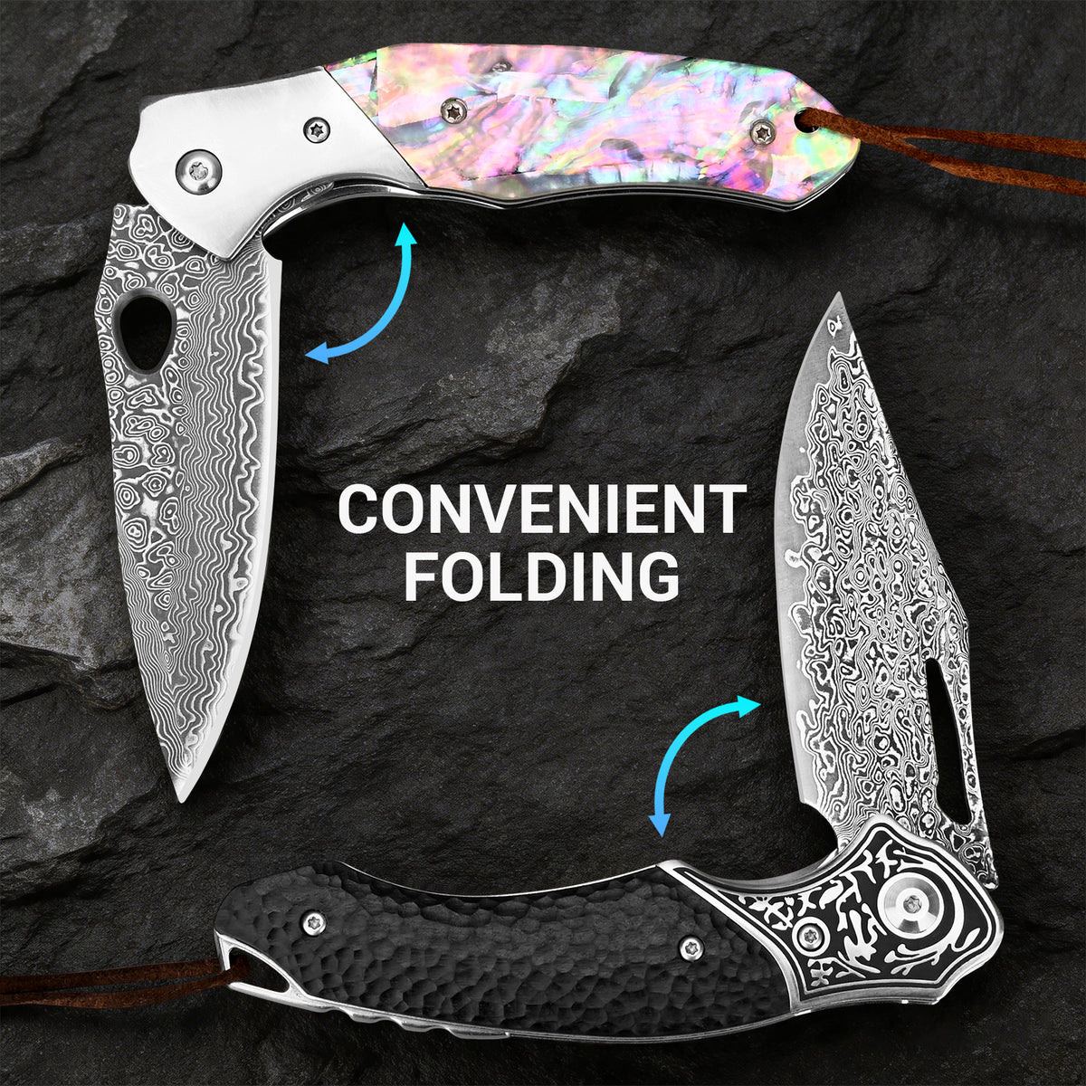 Hand-forged high-carbon VG10 Damascus steel folding knife with wooden handle and leather sheath.