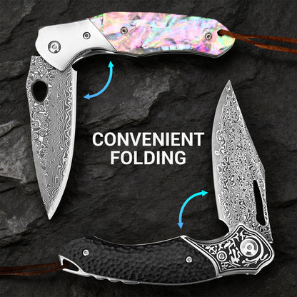 Hand-forged high-carbon VG10 Damascus steel folding knife with wooden handle and leather sheath.