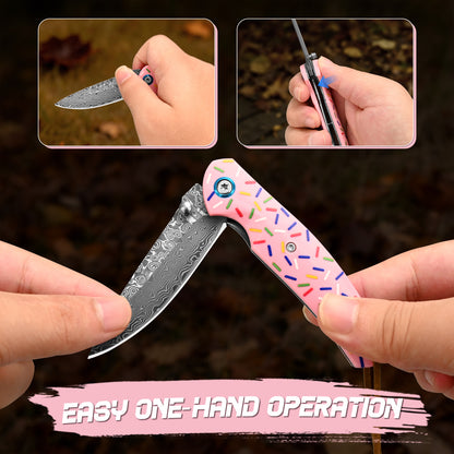 EDC Damascus steel camping and hunting folding knife, cute donut pattern resin handle, OEM customization available, women's version.