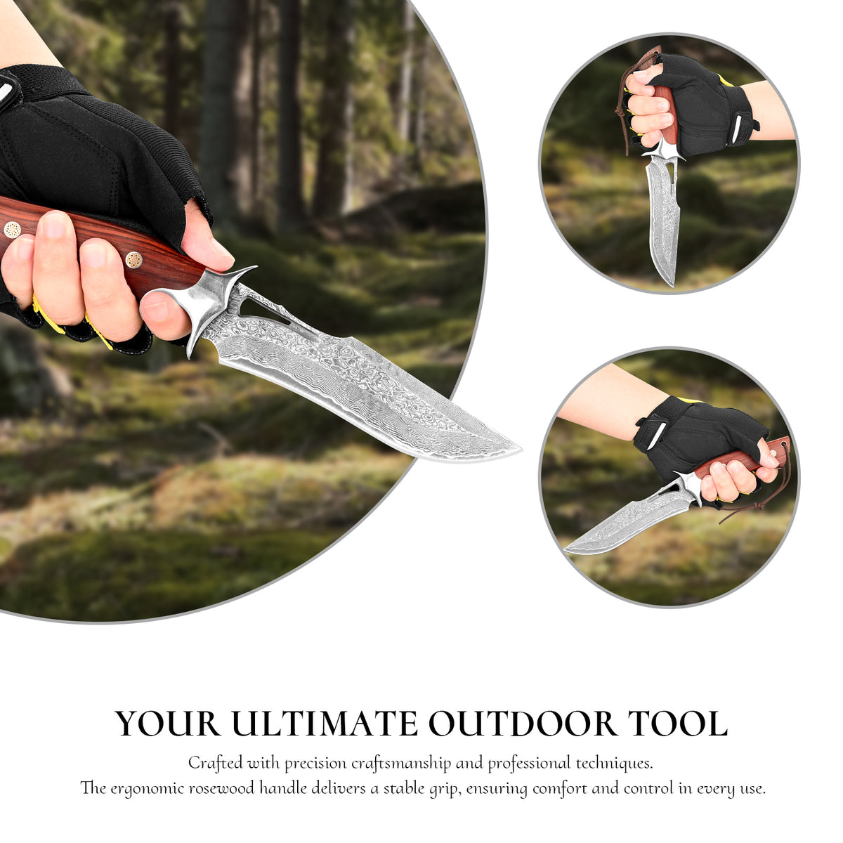 Handcrafted high-quality Damascus steel outdoor survival and hunting knife with a cutout design and wooden handle; customizable; includes sheath.