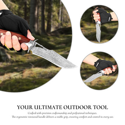 Handcrafted high-quality Damascus steel outdoor survival and hunting knife with a cutout design and wooden handle; customizable; includes sheath.