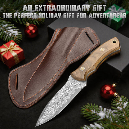 Handmade Damascus steel hunting knife with walnut handle; custom multi-purpose outdoor camping knife (OEM) with sheath.