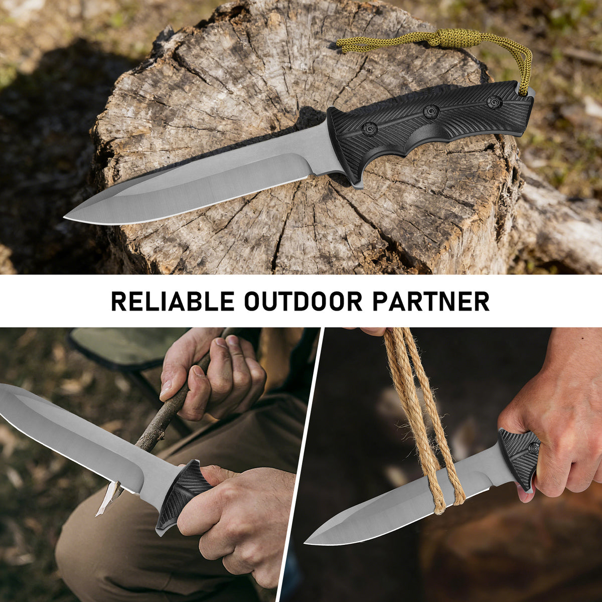 Professional outdoor knife for camping, hunting, and self-defense; features a stainless steel blade, nylon-fiberglass handle, and nylon sheath system.