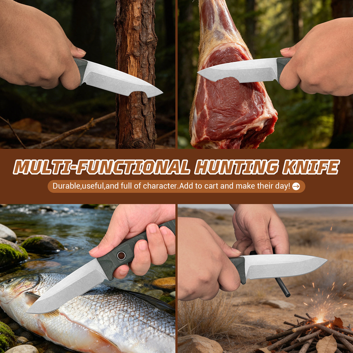 BM-162 Fixed-blade steel G10 fiber handle multi-purpose knife for camping, EDC, and hunting, with leather sheath and non-slip design.