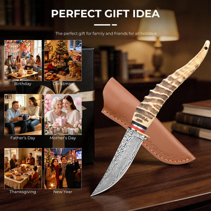 Straight-blade meat knife with Damascus/feather pattern; sharp, portable, and suitable for camping, survival, hiking, and self-defense.