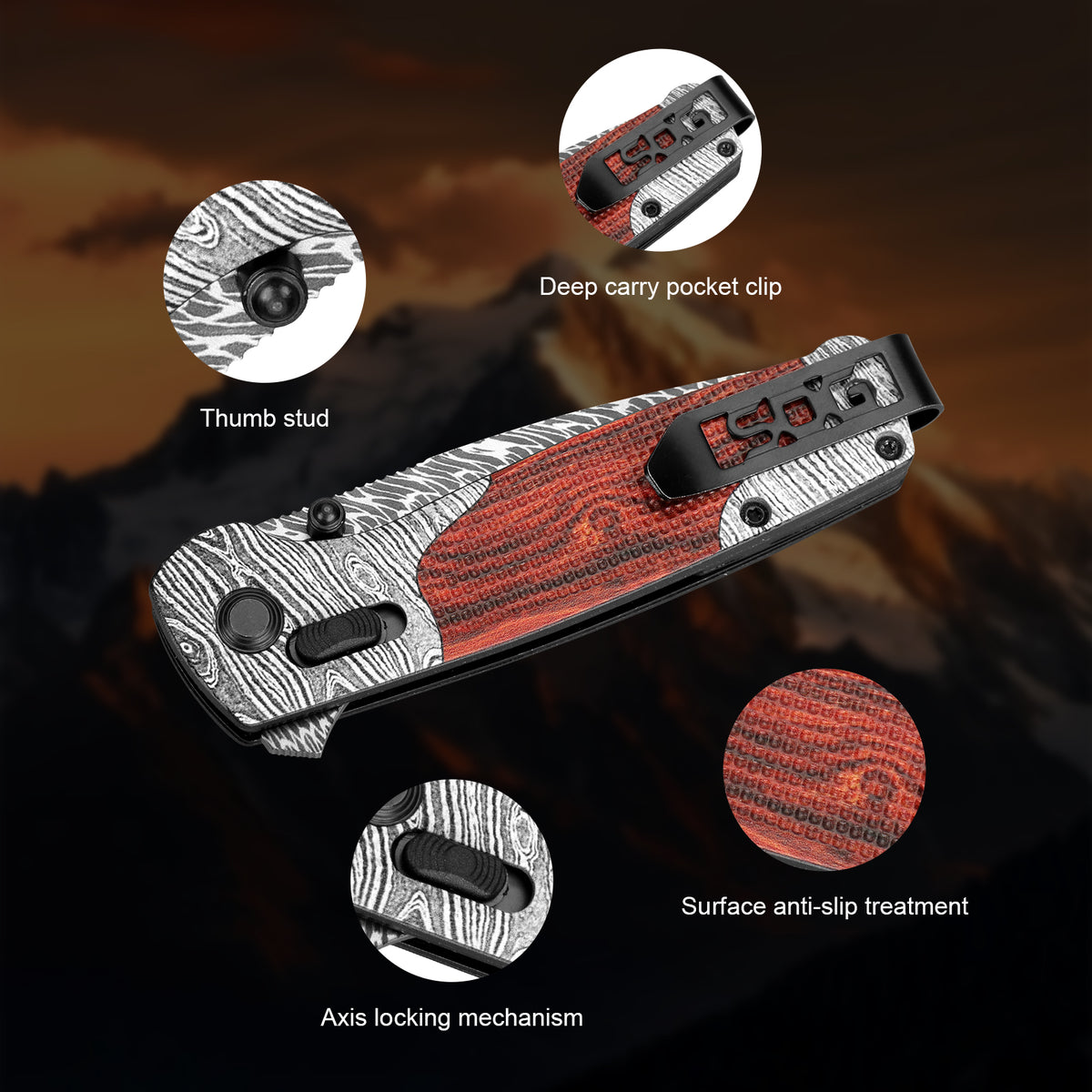Damascus Steel Folding Pocket Knife | Axis Lock Wood Handle EDC Outdoor Knife