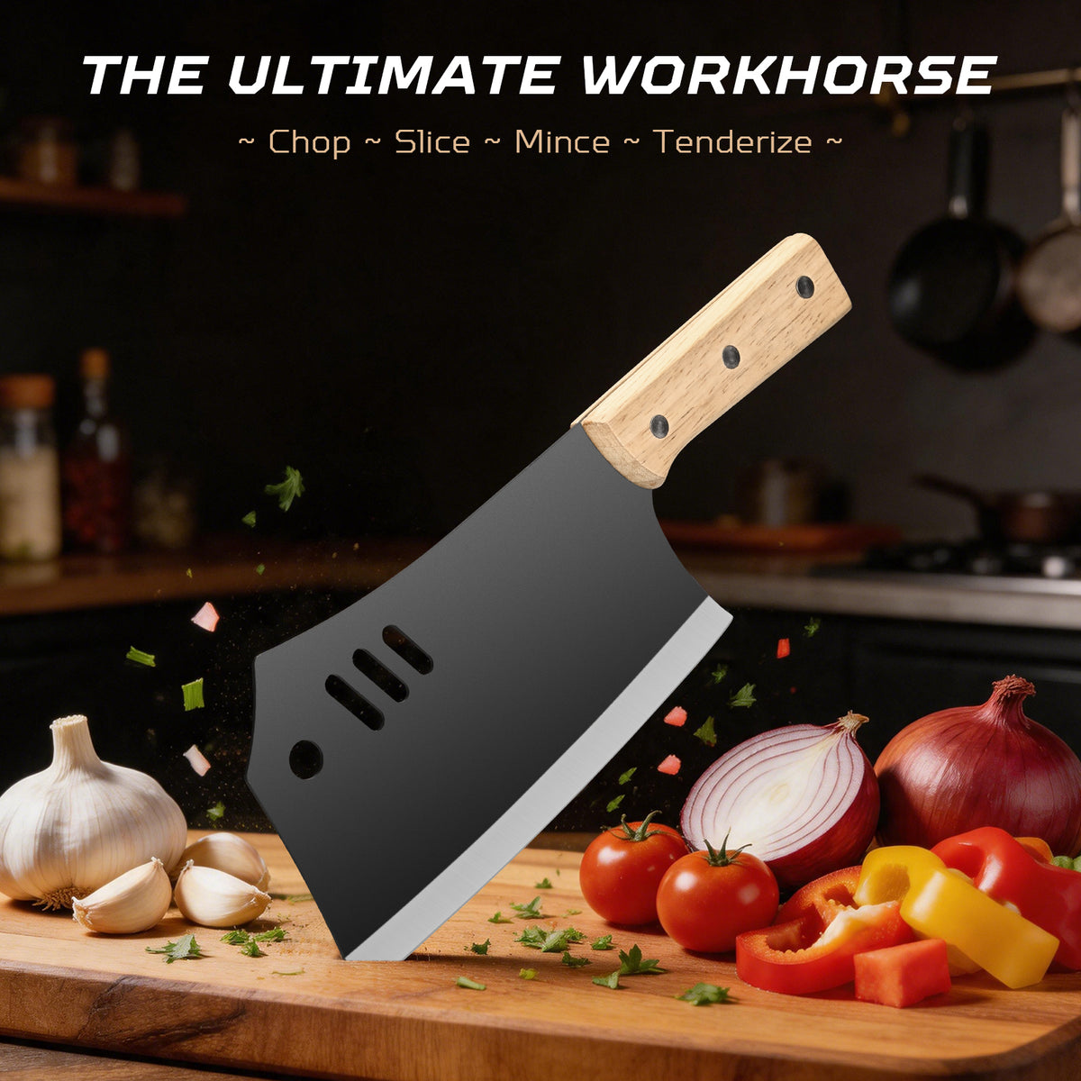 Commercial-Grade 18.5cm Dual-Purpose Cleaver with Wooden Handle – Ultra-Sharp, Heavy-Duty Stainless Steel for Slicing Meat and Chopping Bone