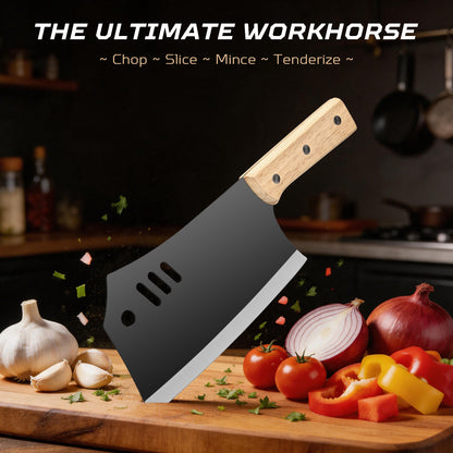 Commercial-Grade 18.5cm Dual-Purpose Cleaver with Wooden Handle – Ultra-Sharp, Heavy-Duty Stainless Steel for Slicing Meat and Chopping Bone
