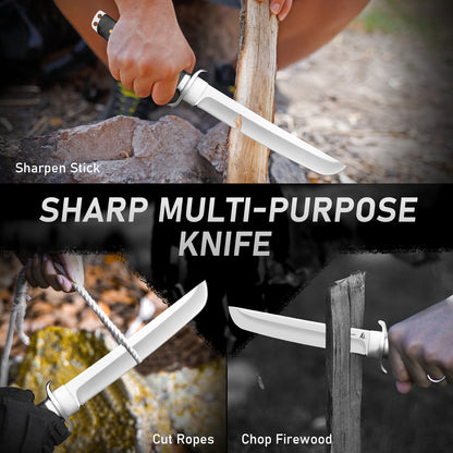 Fixed-blade camping knife with ebony handle and stainless steel—a versatile tool for outdoor survival, hunting, and hiking; easy to carry.