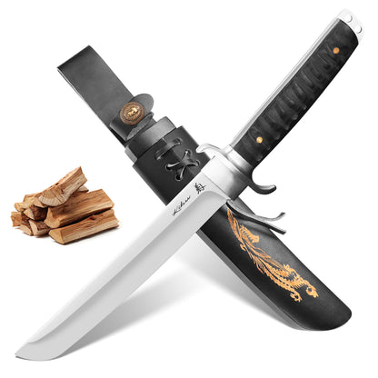 Fixed-blade camping knife with ebony handle and stainless steel—a versatile tool for outdoor survival, hunting, and hiking; easy to carry.