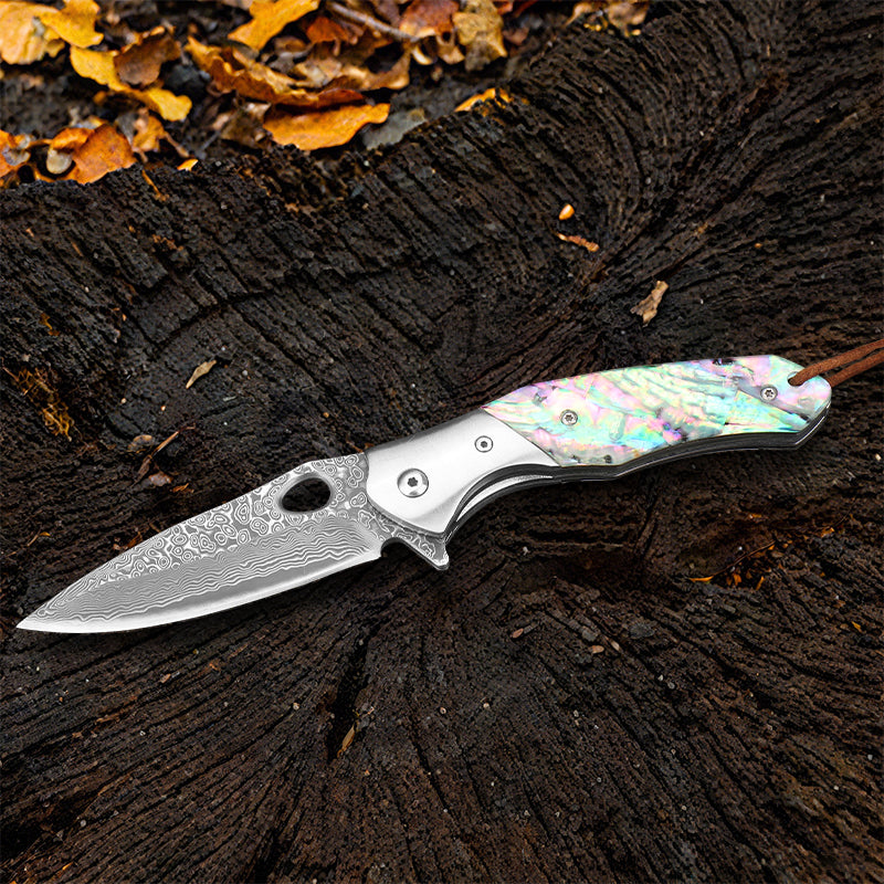 Damascus Steel Folding Knife with Abalone Shell Resin Handle