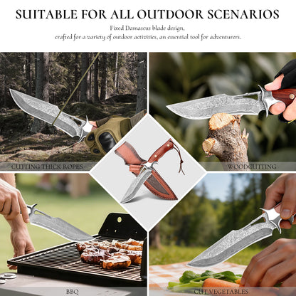 Handcrafted high-quality Damascus steel outdoor survival and hunting knife with a cutout design and wooden handle; customizable; includes sheath.