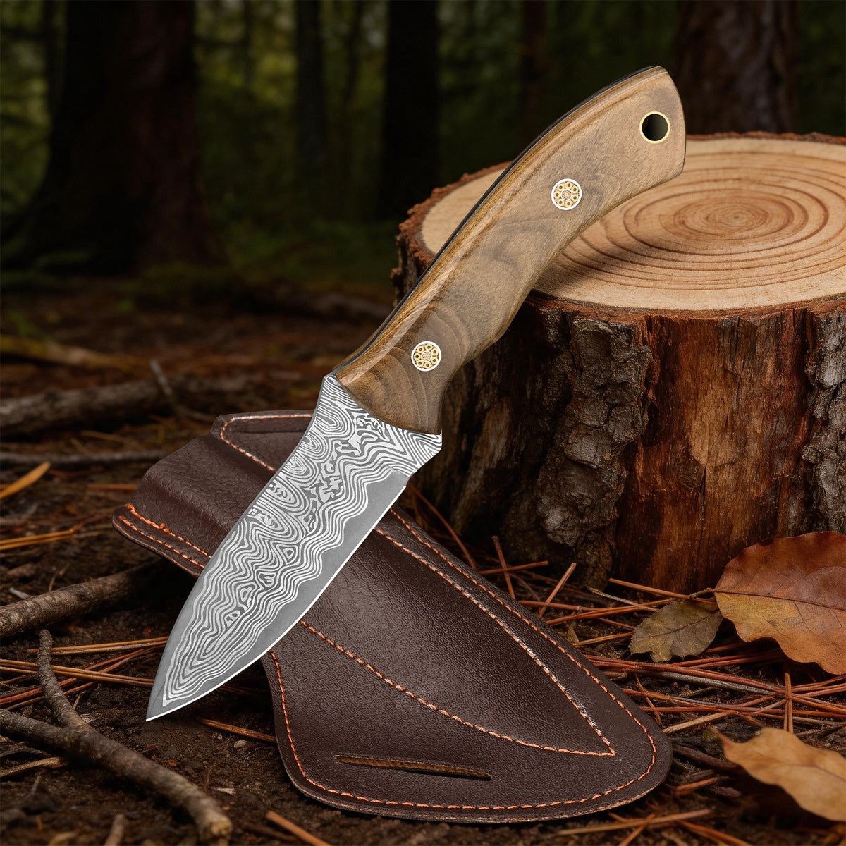 Handmade Damascus steel hunting knife with walnut handle; custom multi-purpose outdoor camping knife (OEM) with sheath.