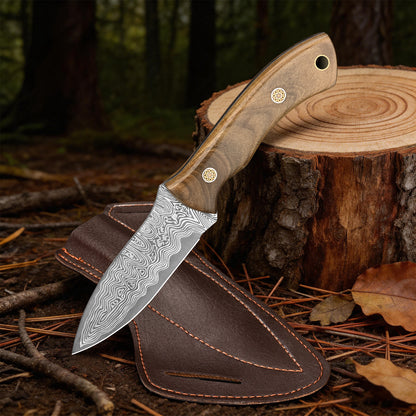 Handmade Damascus steel hunting knife with walnut handle; custom multi-purpose outdoor camping knife (OEM) with sheath.