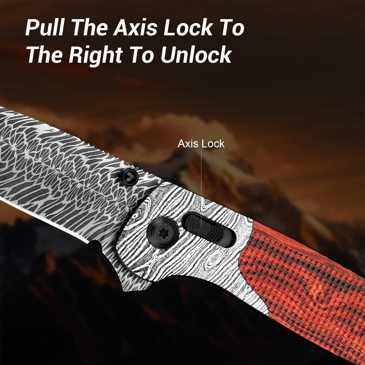 Damascus Steel Folding Pocket Knife | Axis Lock Wood Handle EDC Outdoor Knife
