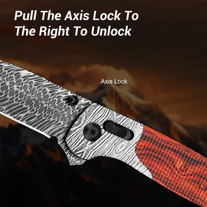 Damascus Steel Folding Pocket Knife | Axis Lock Wood Handle EDC Outdoor Knife