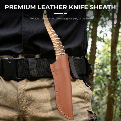 Straight-blade meat knife with Damascus/feather pattern; sharp, portable, and suitable for camping, survival, hiking, and self-defense.