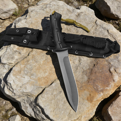 Professional outdoor knife for camping, hunting, and self-defense; features a stainless steel blade, nylon-fiberglass handle, and nylon sheath system.