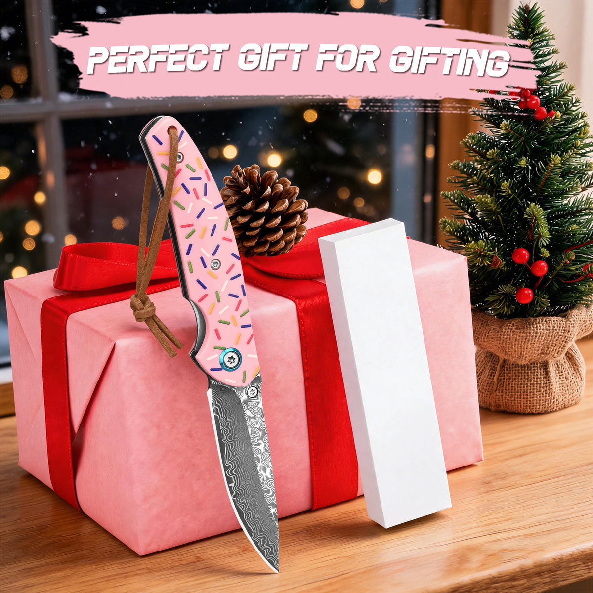 EDC Damascus steel camping and hunting folding knife, cute donut pattern resin handle, OEM customization available, women's version.