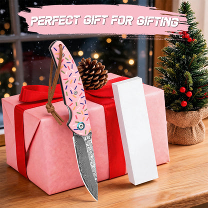 EDC Damascus steel camping and hunting folding knife, cute donut pattern resin handle, OEM customization available, women's version.