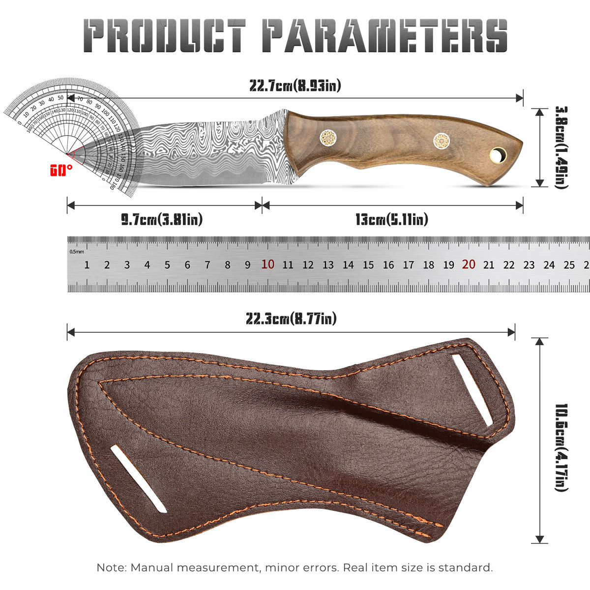 Handmade Damascus steel hunting knife with walnut handle; custom multi-purpose outdoor camping knife (OEM) with sheath.