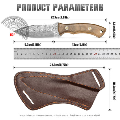 Handmade Damascus steel hunting knife with walnut handle; custom multi-purpose outdoor camping knife (OEM) with sheath.