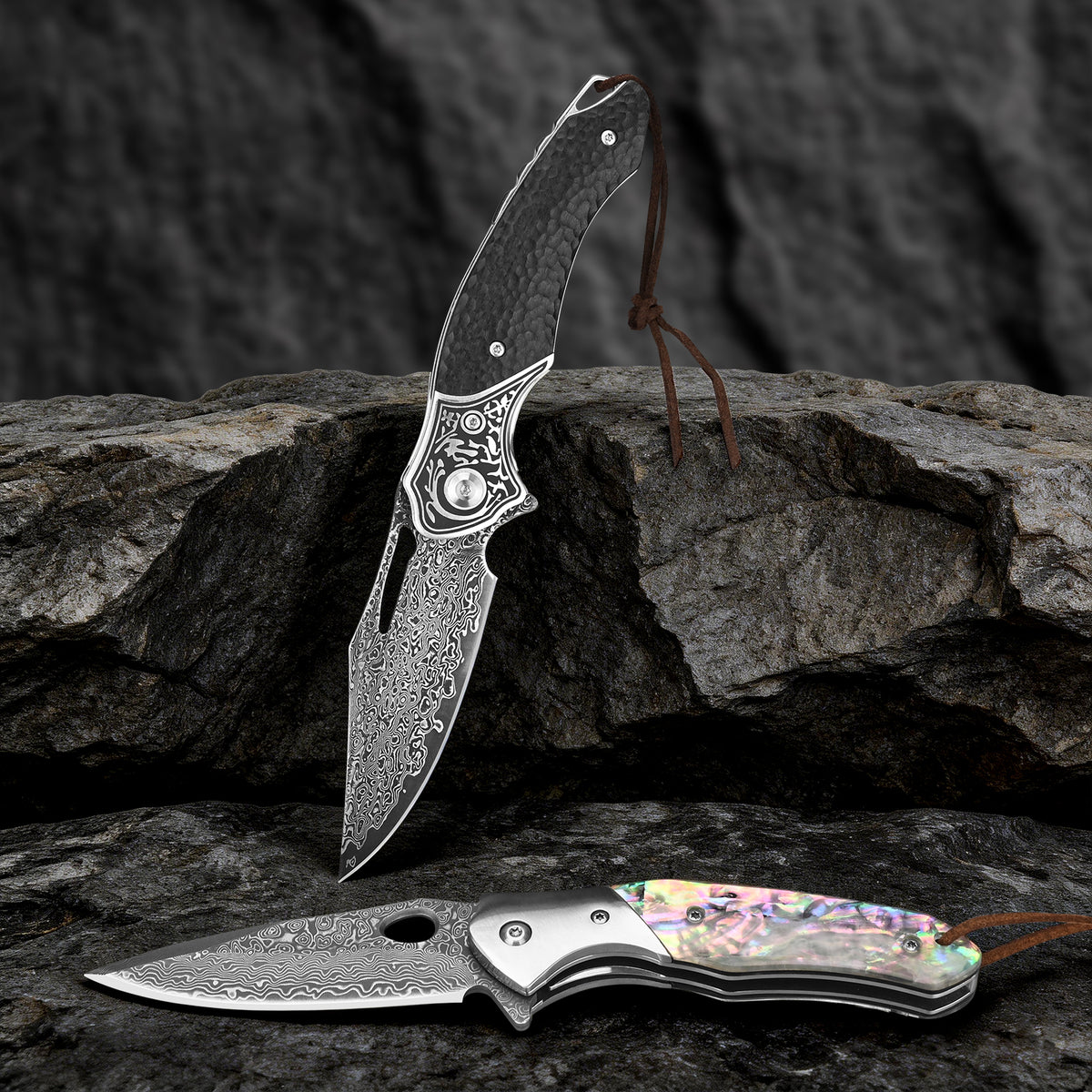 Hand-forged high-carbon VG10 Damascus steel folding knife with wooden handle and leather sheath.