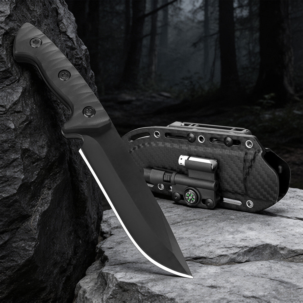 Outdoor tactical K-type sheath survival knife with whistle, magnesium rod, compass, stainless steel blade and nylon handle.