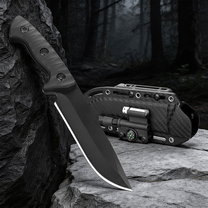 Outdoor tactical K-type sheath survival knife with whistle, magnesium rod, compass, stainless steel blade and nylon handle.
